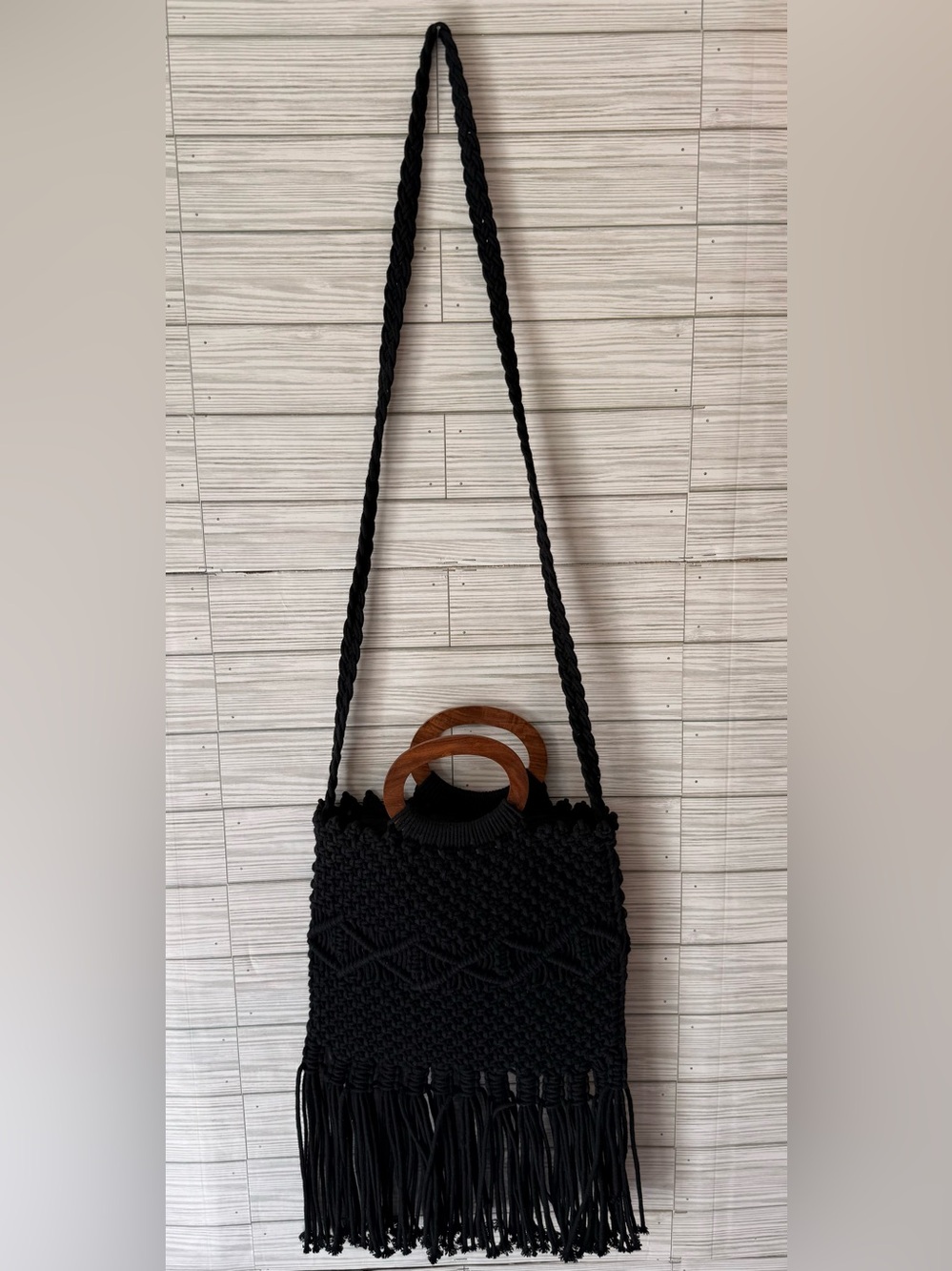 Danielle Nicole Black Knit Fringe Shoulder Bag with Wooden Handles